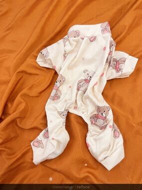 Cream Teddy-Print Dog Pajama Romper with Pink Accents